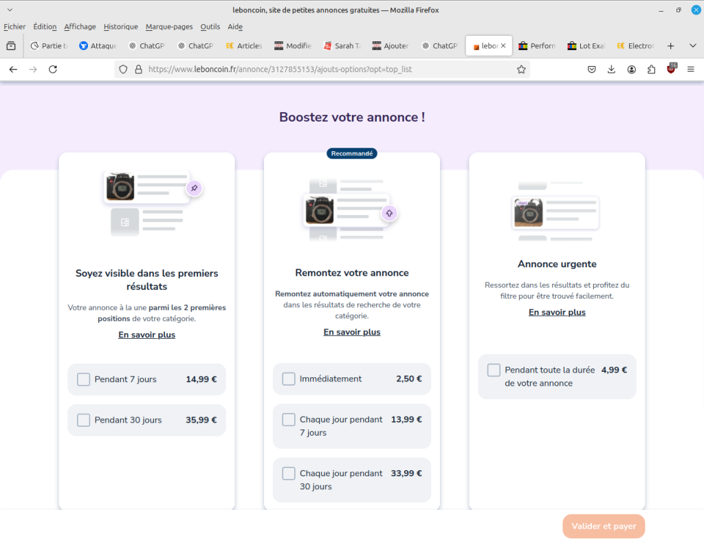 Les différentes options proposés par leboncoin pour mettre en avant une annonce.