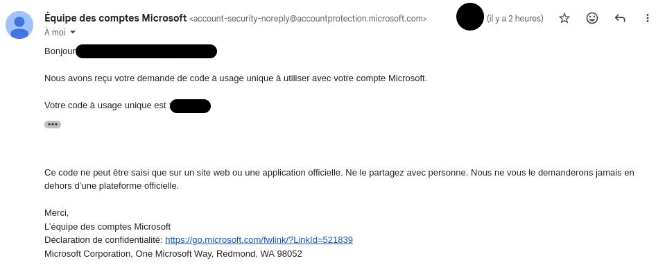Here is the email sent by Microsoft after an attacker tries to connect to my Microsoft account by using a code sent to my email address. No IP is given.